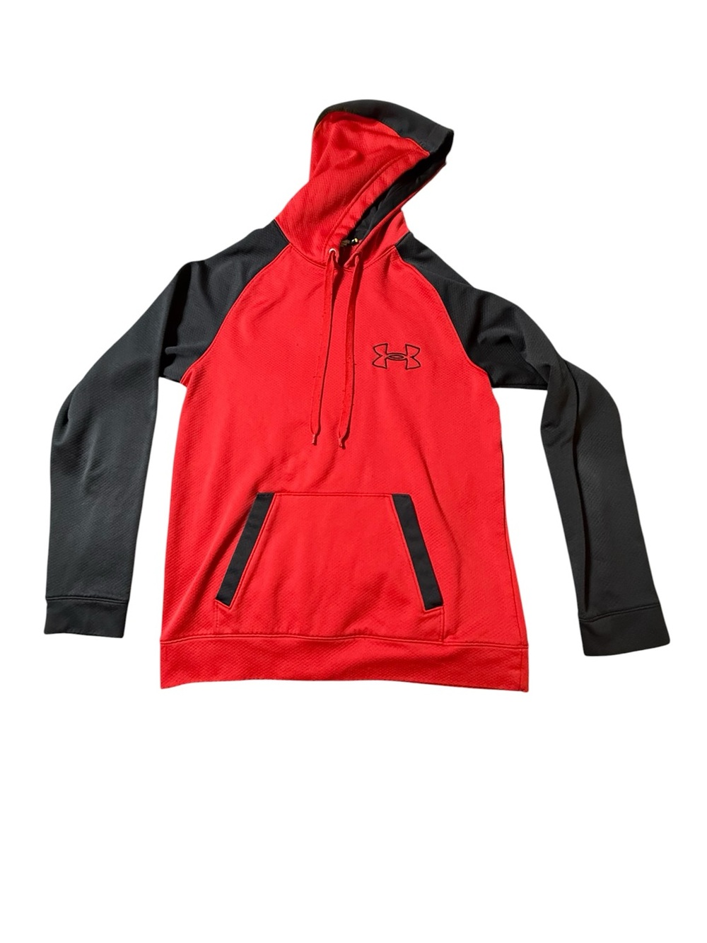 Under Armour Mens Medium Hoodie Red Black Colorblock Raglan Fleece Pullover